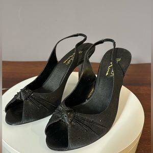 The Touch of Nina black satin 4” heels sling back